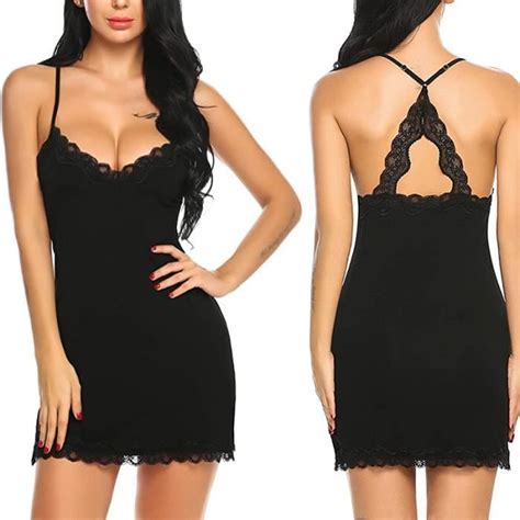 Chemise De Nuit Lingerie Érotique Sexy Sling Dentelle Chemise De Nuit Robe Moulante Noir Noir