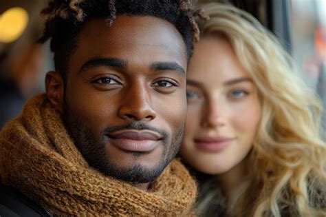 Handsome Black Man And Blonde Woman Chatting On A City Bus A Candid Urban Interaction Premium