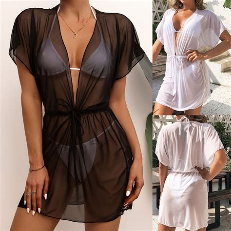Cicishop Women Sheer Mesh Cover Up Shorts Beach Cover Up Beach Wrap Bikini Wraps Solid Pom