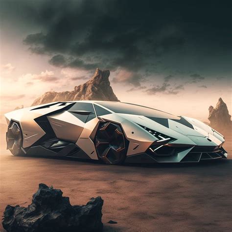 An Artistic Rendering Of A Futuristic Car In The Desert With Rocks And