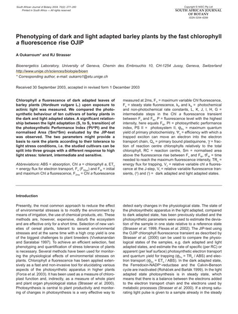 Pdf Phenotyping Of Dark And Light Adapted Barley Plants By The Fast