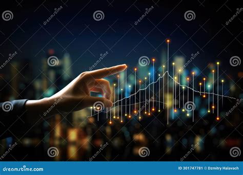 Close Up Of Hand Pointing At Glowing Business Chart On Dark Blue