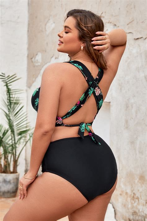 Twist Front Top High Waist Bikini Set mit tropischem Druck in Großen Größen