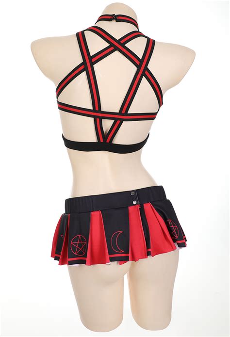 Demon Cheerleader Sexy Gothic Lingerie Set Gothic Lingerie Outfit Red Pentagram Design Top