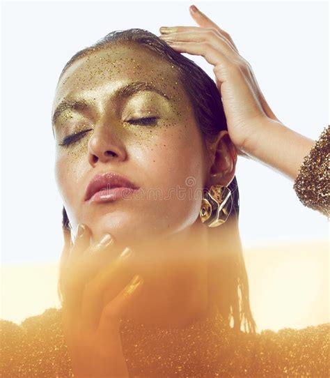 Gold Woman And Luxury Beauty Sparkle Of A Female With Makeup And Cosmetic Glitter Creative