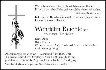 Traueranzeigen Von Wendelin Reichle Schwaebische De Trauerportal