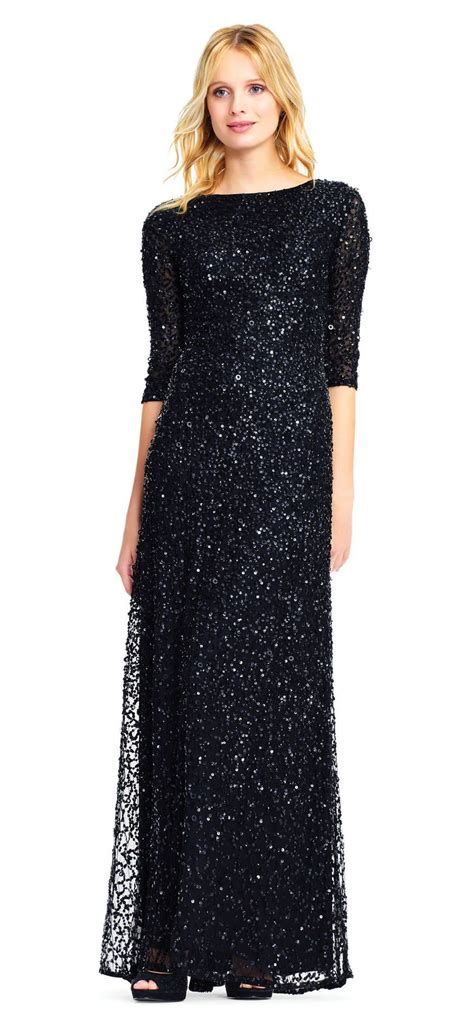 Adrianna Papell Scoop Back Sequin Gown With Three Quarter Sleeves