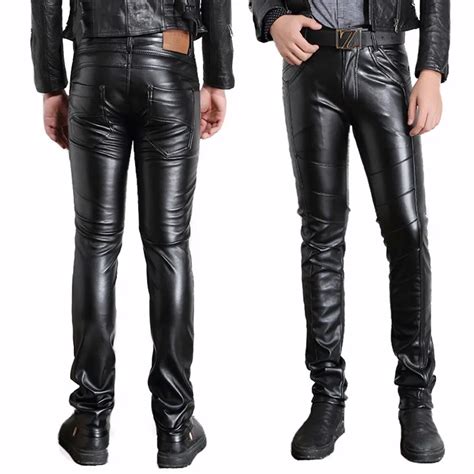 Male Black Faux Leather Pants Motorcycle Biker Ridding PU Trousers For