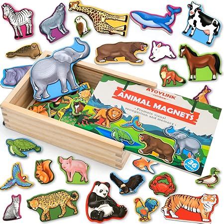 Atoylink 36PCS Animal Magnets for Kids Wooden Fridge Magnets ...
