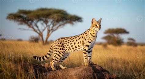Elegant african savanna with majestic serval cat in natural habitat