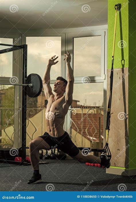 Man With Nude Torso And Muscular Back In Gym Enjoy Training Trx Sport And Gym Concept