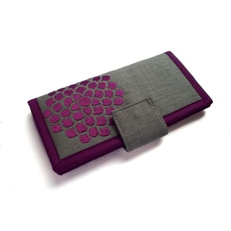 Embroidered Bifold Wallet Plum Zinnia On Gray Linen Fabric Modern