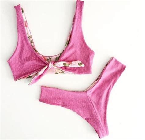 Pink Sexy Chest Bowknot Floral Print Two Piece Bikini Set On Luulla
