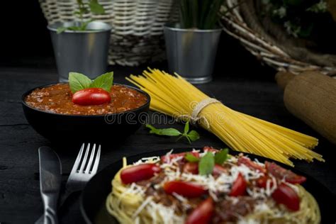 Italian Spaghetti Pasta With Tomato Sauce Parmesan Cheese And Basil