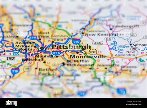 Pittsburgh Pennsylvania USA and surrounding areas Shown on a road map ...