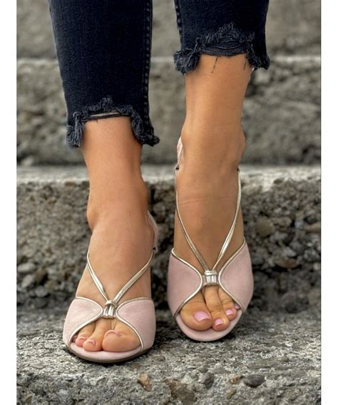 Cudowne sandały na słupku RUSIN LUXE NUDE SUEDE GOLD skóra naturalna