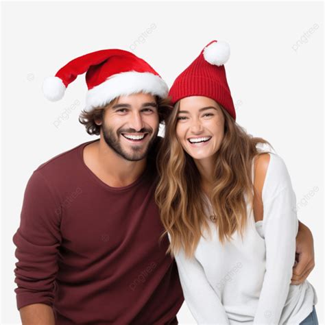 Feliz Pareja Joven Con Gorros De Pap Noel En La Pared Blanca Png