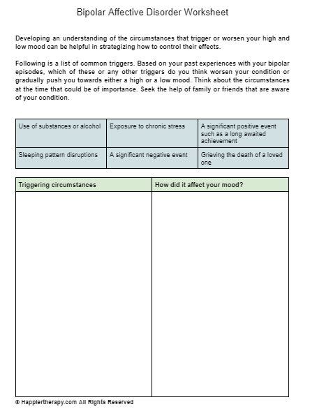 Worksheets For Bipolar Disorder