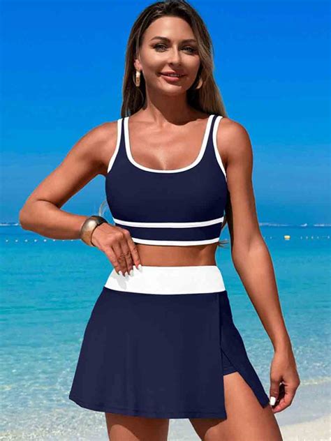 Quick Dry Contrast Color Vest High Waist Slit Skirt Bikini Set