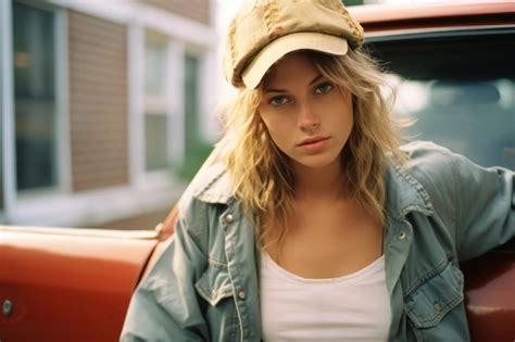 Premium AI Image A Beautiful Blonde Woman Wearing A Baseball Cap Leaning On The Hood Of A Car