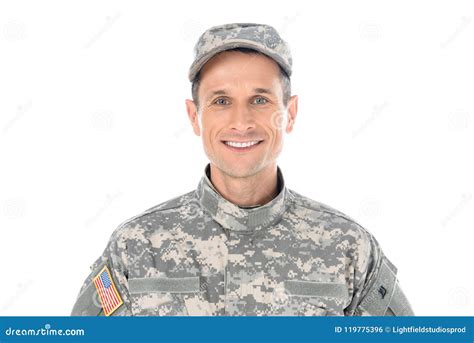 Portrait Of Smiling American Soldier In Military Uniform Looking At