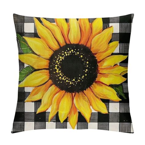 Nawypu Decorative Sunflower Pillow Cover Yellow Black Buffalo Plaid