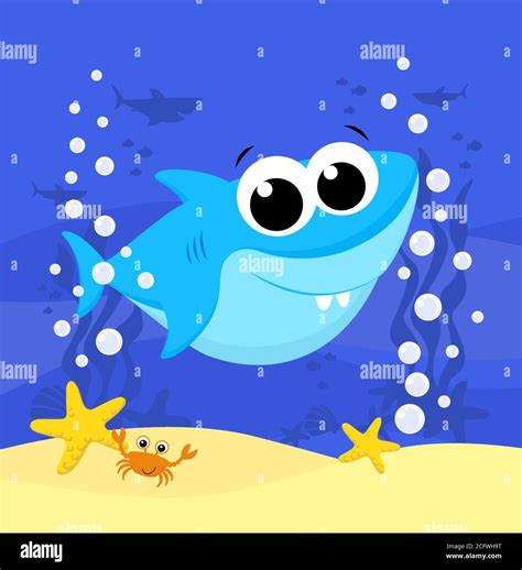 cute baby shark cartoon illustration with bubbles and under the sea ...