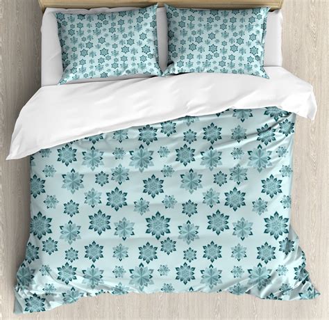 Teal Duvet Cover Set Wintertime Inspiration Ornate Abstract Snowflakes
