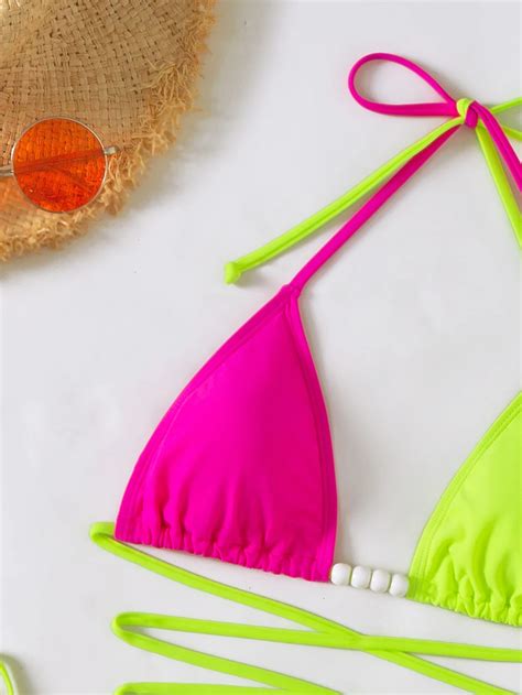 Bañador bikini de dos tonos con tira cruzada micro triángulo con cordón lateral Multicolor
