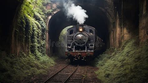 A Classic Steam Locomotive Train Running Through A Dark Narrow Tunnel