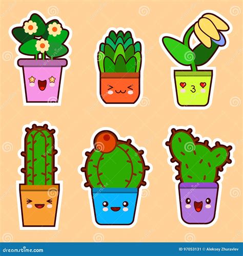 Sistema Lindo Del Kawaii De La Historieta De Planta De Succulents Del