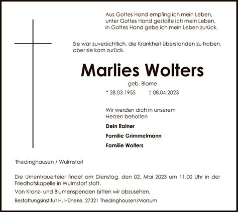 Traueranzeigen Von Marlies Wolters Trauer Kreiszeitung De