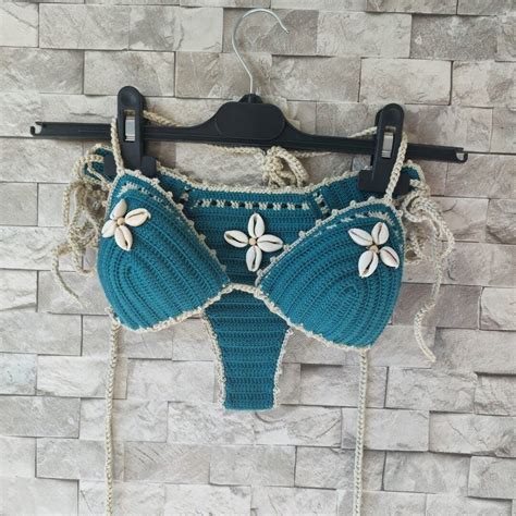 Crochet Bikini Set Green Bikini Color Sea Shells Bikini Women Swimwear Shell Necklace