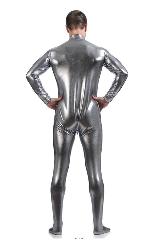 Ensnovo Men Latex Suit Black Shiny Metallic Tights Gold Zentai Full