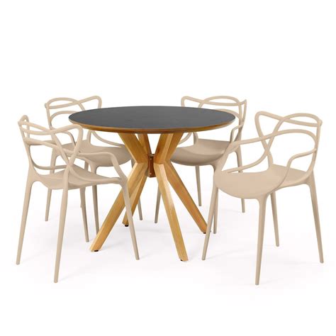 Conjunto Mesa De Jantar Redonda Marci Premium Preta Cm Cadeiras Allegra Nude