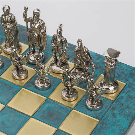 Manopoulos Greek Roman Chess Set With Turquoise Board 44cm Peters