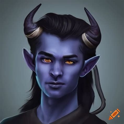 Digital Art Of A Blue Skinned Male Tiefling With Black Hair And Horns