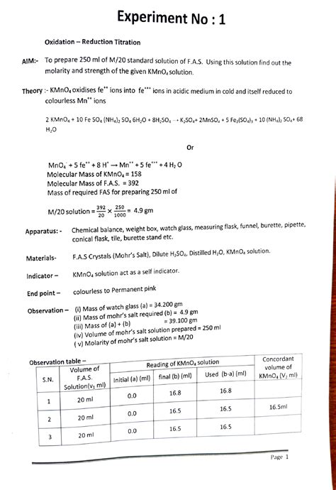 Class XII Chemistry 2022 23 Experiment No Oxidation Reduction