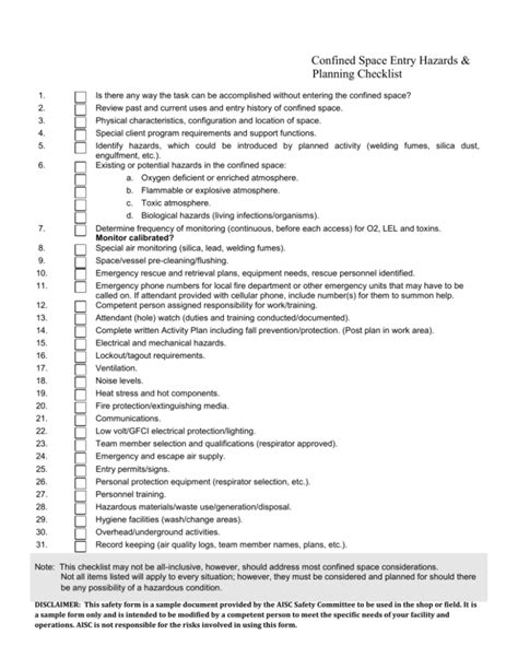 Confined Space Entry Hazards Checklist