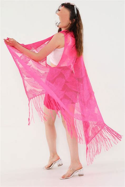 PEMBECİN Pareo Dantel Yelek Mayo Bikini Üzeri Yaprak Desenli Püsküllü