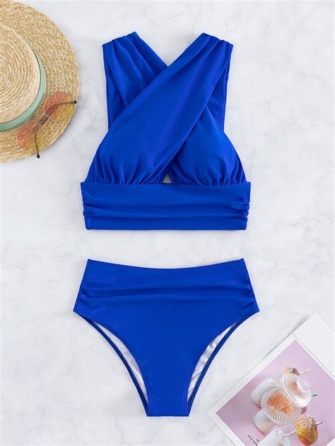 Shein Swim Vcay Criss Cross Ruched High Waisted Bikini Swimsuit Shein Usa