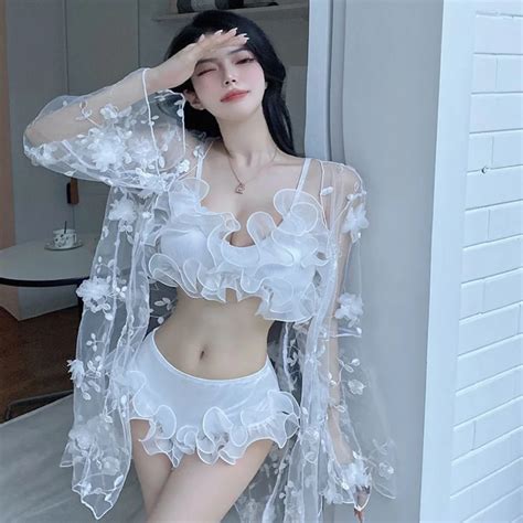 Sexy Korean Split Swimsuit Women S Triangle Bikini Three Pieces Beachwear Smock Goddess Fan
