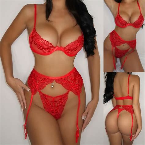 Femmes exquise dentelle Lingerie soutien gorge jarretière slips ensemble nuisette découpe