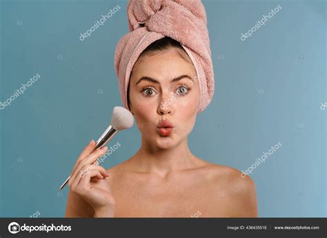Surprised Half Naked Girl Towel Doing Makeup Powder Brush Isolated