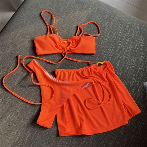 Sexy Woman Solid Color Lace Up Three Piece Bikini Set With Love Decoration Shopee Philippines