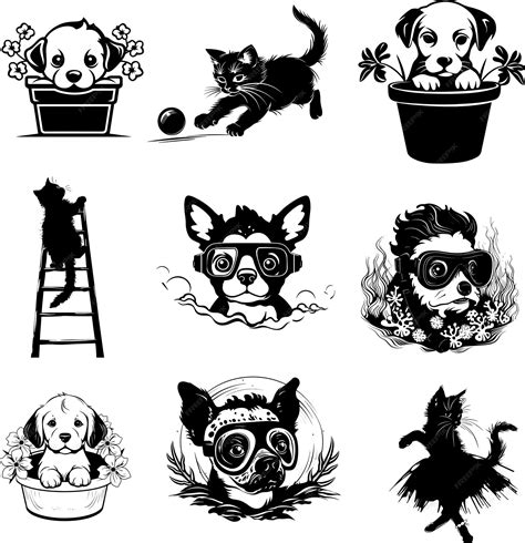 Silhueta De Gato E Cachorro Ilustração Vetorial Preta E Branca Conjunto