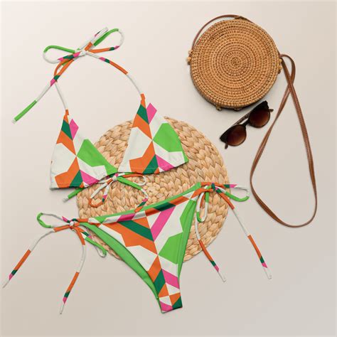 Retro Style Side Tie String Bikini Set Green Orange Womens Minimal