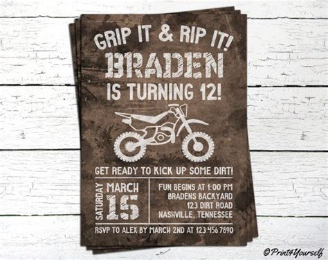 Dirt Bike Invite Personalized Printable Rustic Birthday Invitation