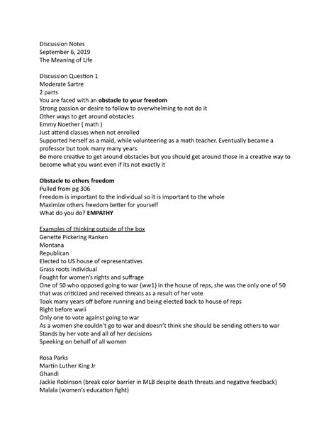 Discussion Notes 9 6 19 The Meaning Of Life Discussion Notes