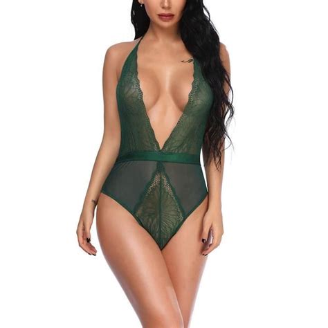Body Femme Sexy Dentelle Florale Col V Profond Babydoll Lingerie Dos Ouvert sous Vêtements de
